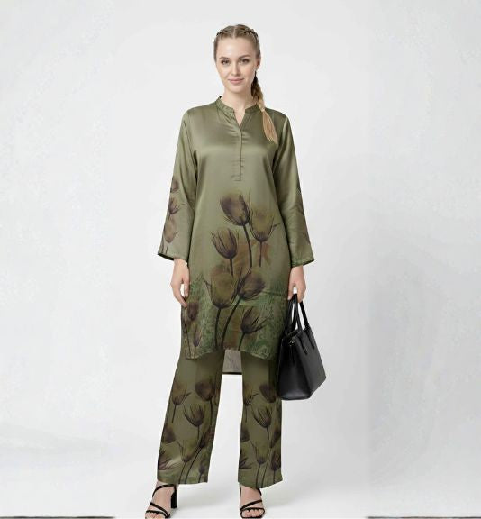 Elegant Olive Floral Satin Silk Office Wear Coord Set
