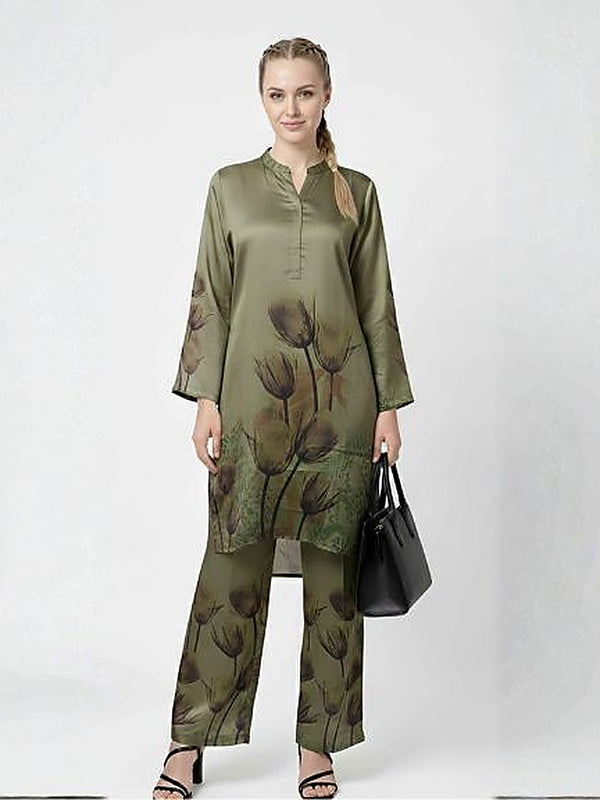 Olive Floral Satin Silk Formal Coord Set for Women