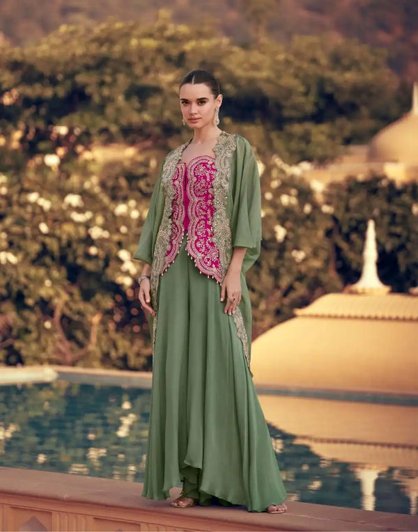 Olive Green Premium Indo Western Dress with Embroidered Jacket