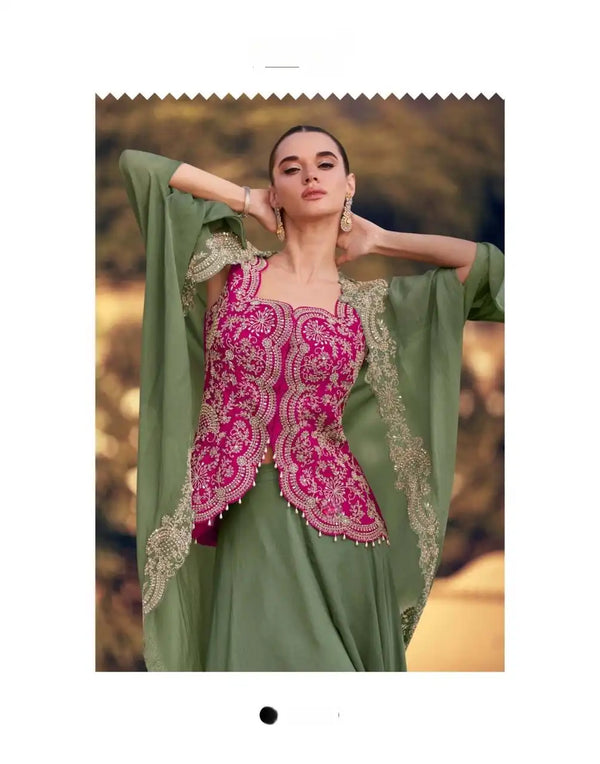 Olive Green Indo Western Dress with Pink Embroidered Silk Blouse