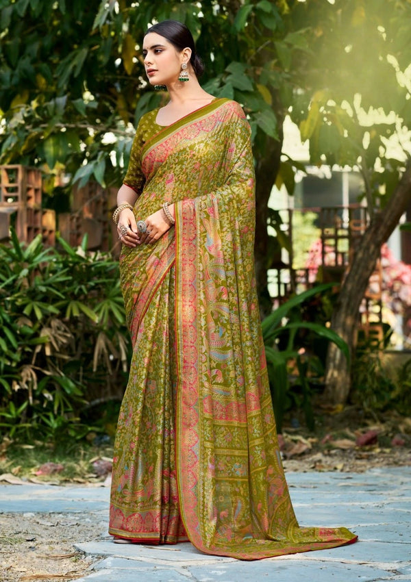 Elegant Olive Green Crepe Saree for Everyday & Party Wear