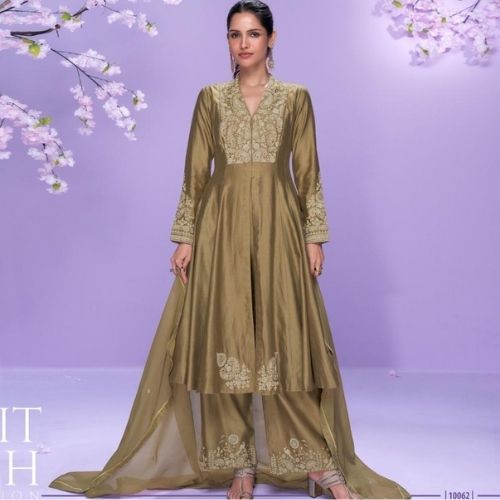 Designer Olive Roman Silk Palazzo Set with Embroidered Dupatta