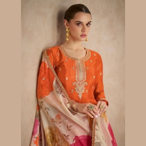 Elegant Orange Anarkali Gown with Premium Chinnon Silk Dupatta