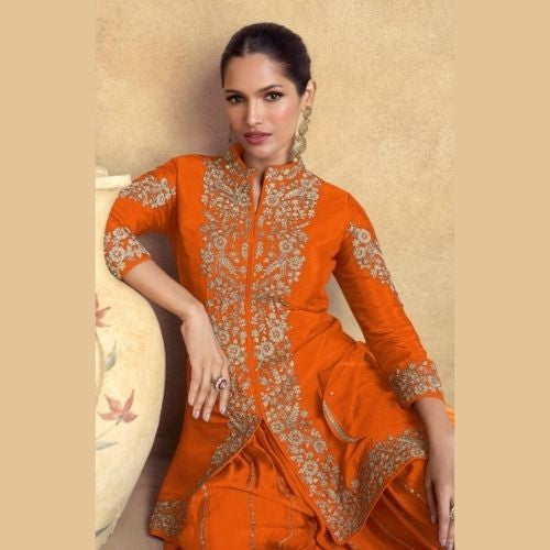 Designer Orange Chinon Silk Sharara Suit with Embroidered Dupatta