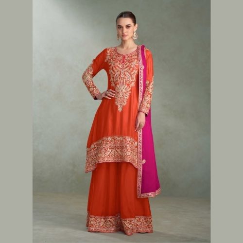 Designer Orange Real Chinon Palazzo Suit with Pink Dupatta