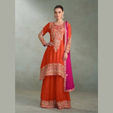 Designer Orange Real Chinon Palazzo Suit with Pink Dupatta