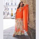 Designer Orange Real Chinon Party Wear Sharara Suit