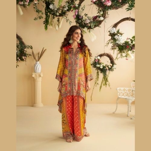 Designer Orange & Yellow Coord Set in Premium Crepe Silk with Mirror Work