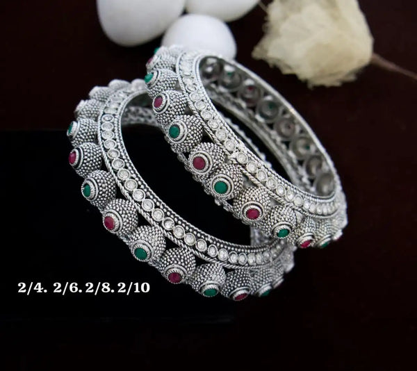 Premium Oxidised Silver Bangles with Coloured Stones – Traditional & Stylish