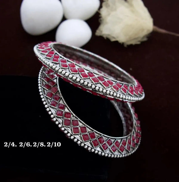 Premium Oxidised Silver Bangles with Red Stone Detailing