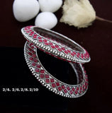 Premium Oxidised Silver Bangles with Red Stone Detailing