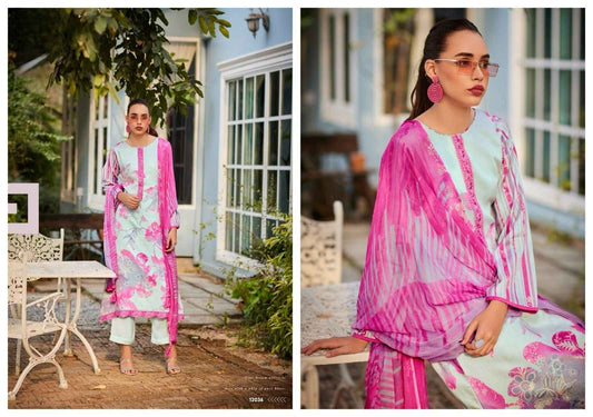Mint Green & Pink Floral Digital Print Cotton Suit with Chiffon Dupatta - Summer Bloom