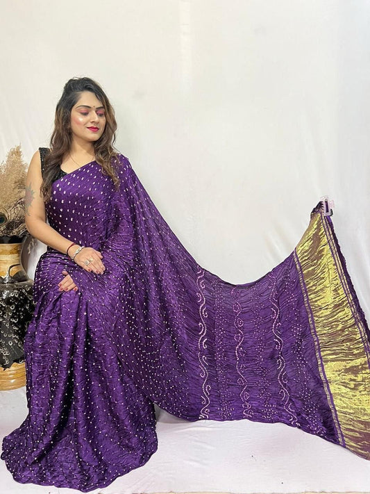 Purple Bandhani Saree with Golden Border - Traditional Tie-Dye Elegance