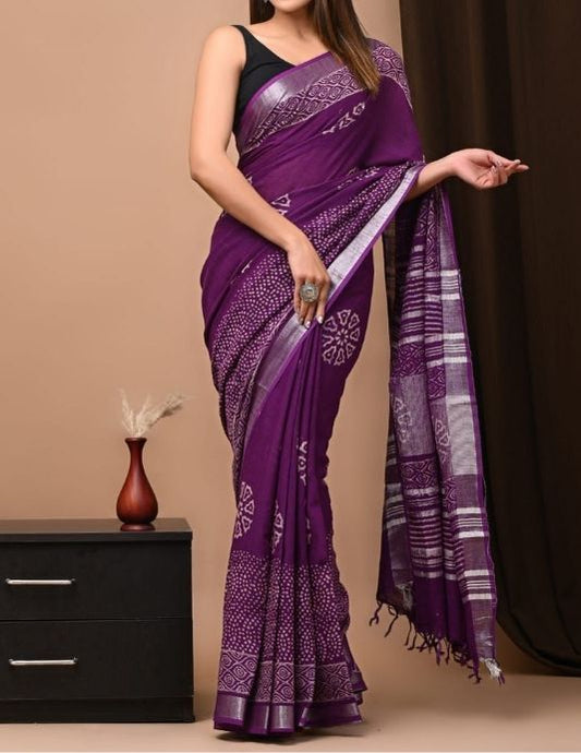 Purple Hand Block Printed Linen Saree with Natural Dyes