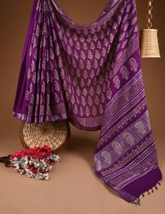 Purple Hand Block Printed Linen Saree with Blouse Piece