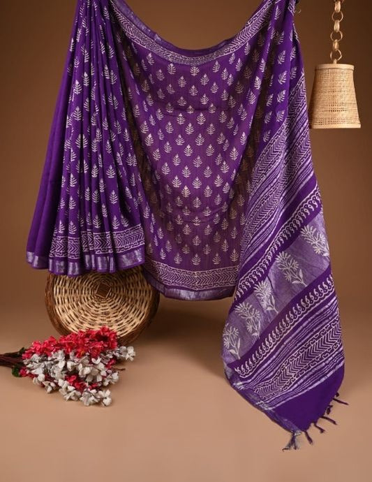 Purple Hand Block Printed Linen Saree with Blouse Piece