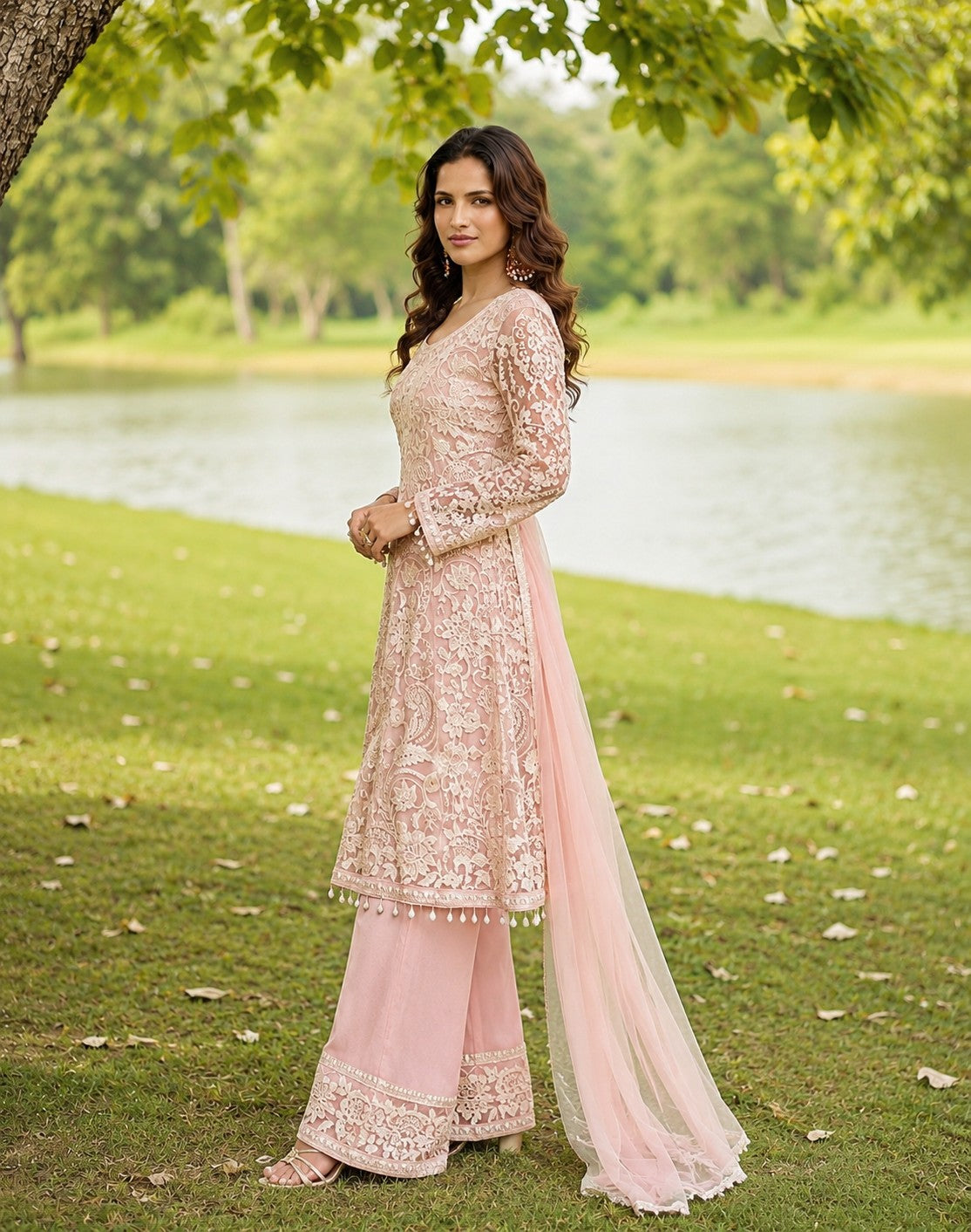 Blush Pink Premium Net Embroidered Palazzo Set