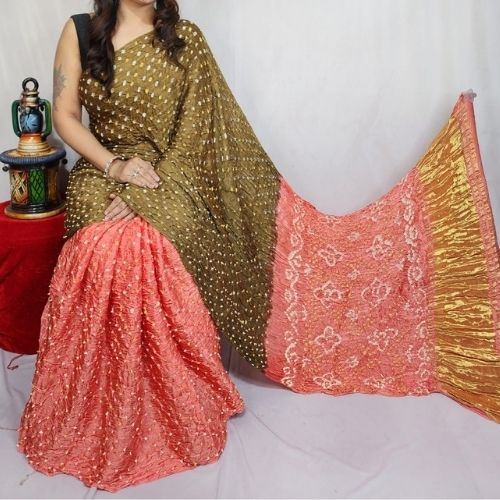 Peach/Brown Modal Silk Bandhni Saree with Blouse