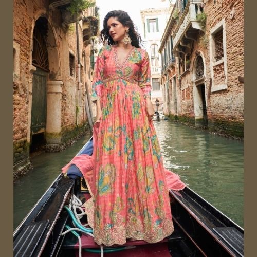 Elegant Peach Floral Anarkali Gown in Chinon Silk with Dupatta