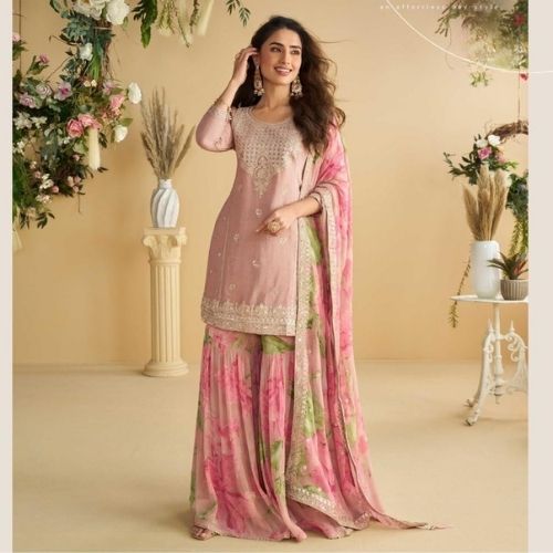 Peach Pink Premium Chinon Silk Designer Gharara Suit
