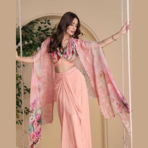 Peach Pink Indo Western Chinon Silk Dress with Embroidered Shrug