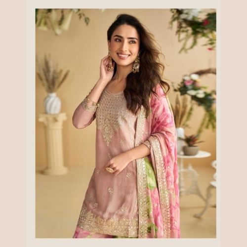 Peach Pink Chinon Silk Embroidered Gharara Suit with Dupatta