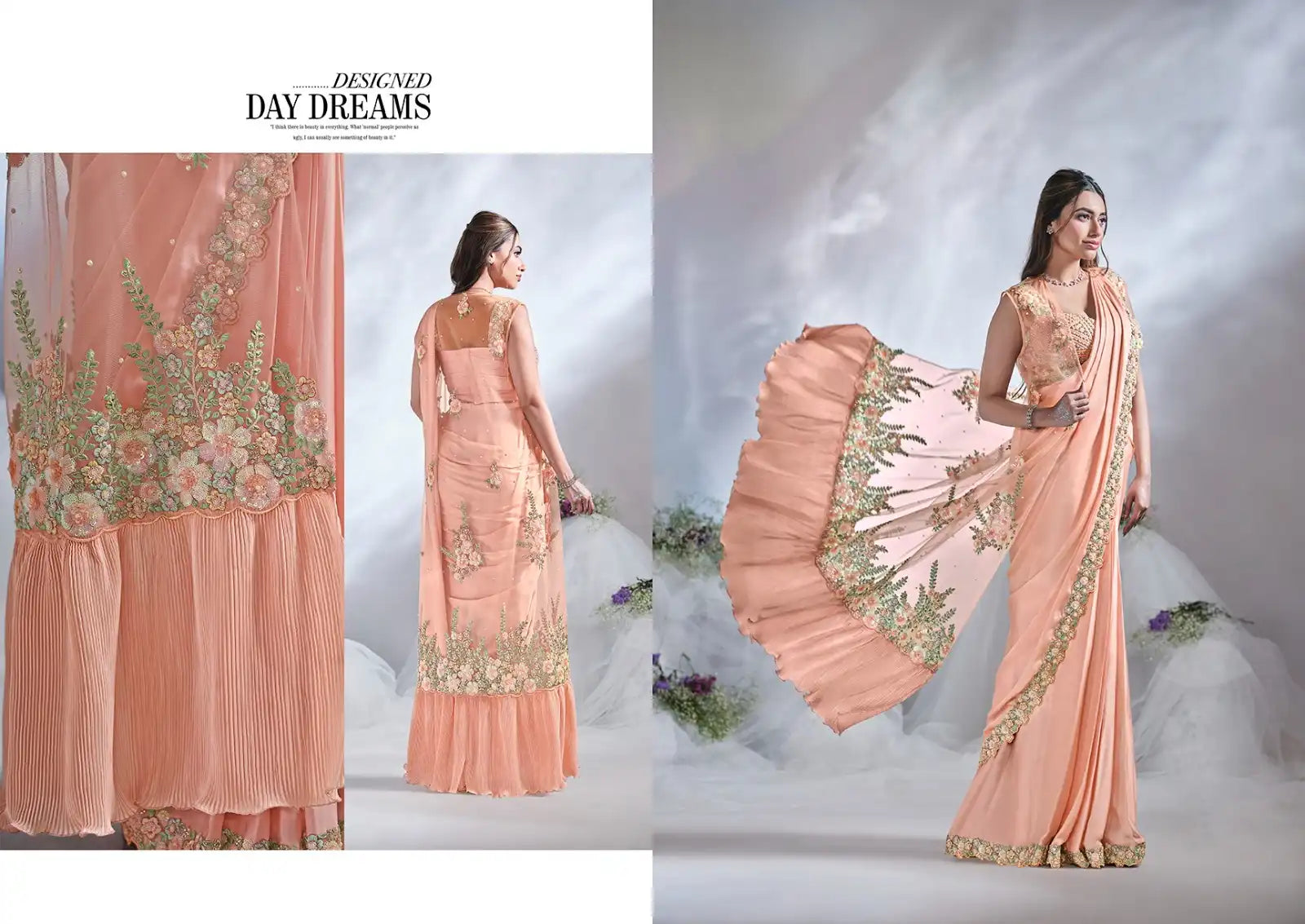 Peach Ready-to-Wear Crape Satin Silk Saree with Embroidered Shrug