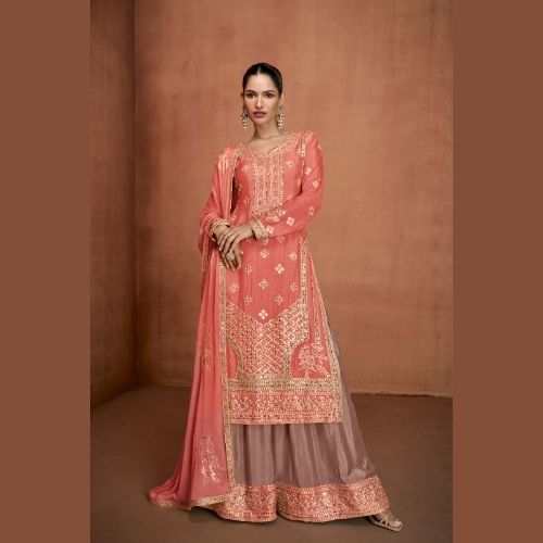 Designer Peach Real Chinon Sharara Suit with Embroidery & Dupatta