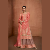 Designer Peach Real Chinon Sharara Suit with Embroidery & Dupatta