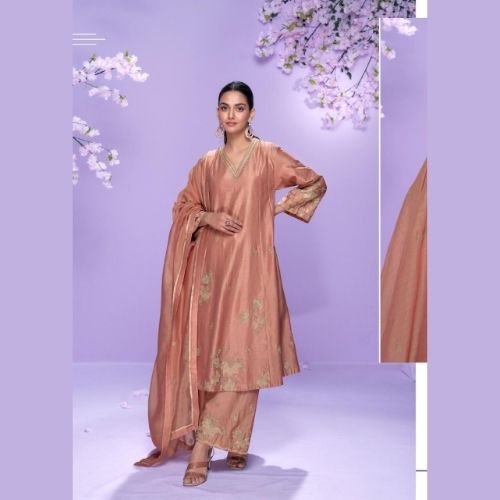 Elegant Peach Roman Silk Palazzo Suit with Organza Dupatta