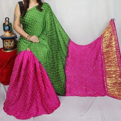 Pink/Mahendi Modal Silk Bandhni Saree with Blouse