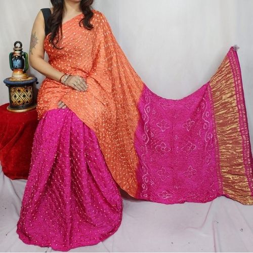 Pink/Peach Modal Silk Bandhni Saree with Blouse