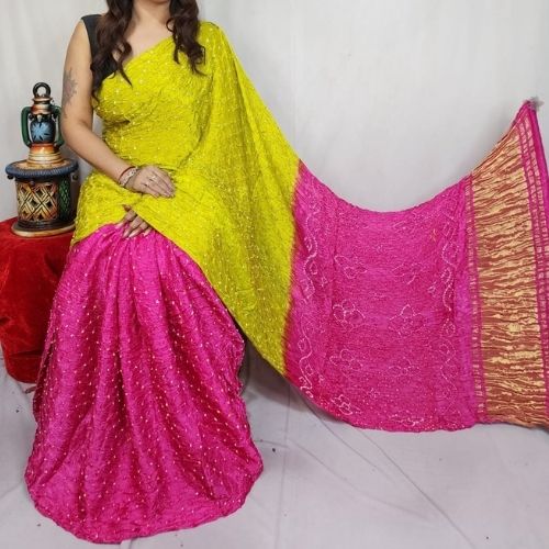 Pink/Yellow Modal Silk Bandhni Saree with Blouse