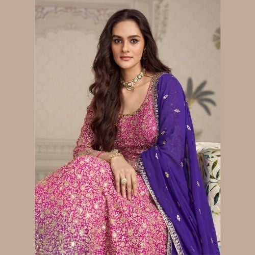 Pink Embroidered Anarkali Gown with Blue Dupatta for Party Wear