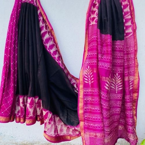 Elegant Pink & Black Maheshwari Silk Saree – Handloom Ethnic Wear
