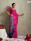 Premium Printed Bandhani Satin Saree in Pink & Blue