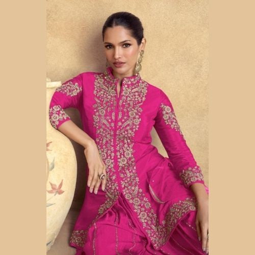 Designer Pink Chinon Silk Sharara Suit with Net Dupatta