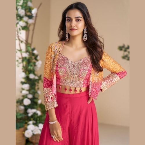 Pink Indo Western Dress in Chinon Silk with Palazzo & Dupatta