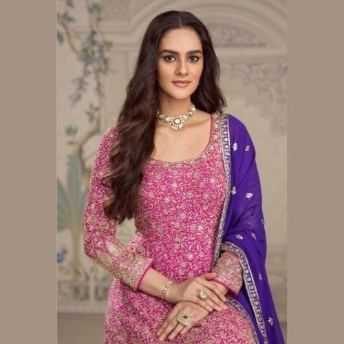 Pink Anarkali Gown with Blue Dupatta