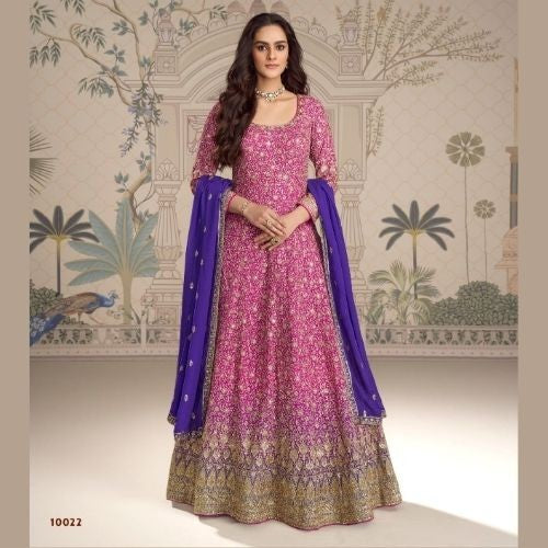 Pink Anarkali Gown with Blue Dupatta – Elegant Party Wear