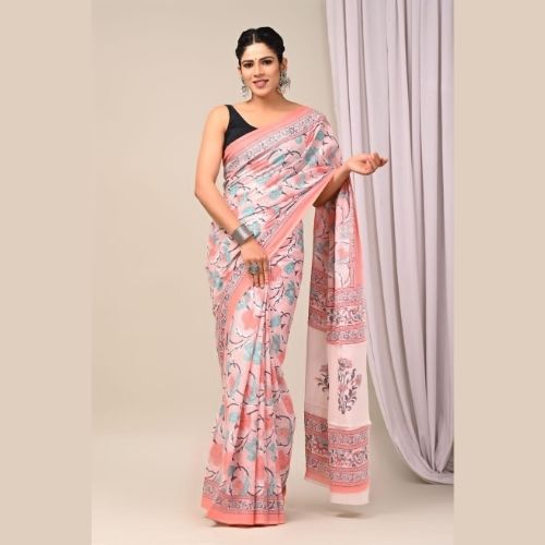 Pink Mulmul Cotton Saree with Floral Prints – Pure Cotton Saree for Women