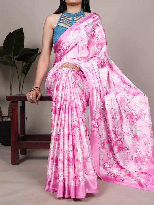 Pink Floral Satin Silk Saree – Soft, Elegant & Party-Ready