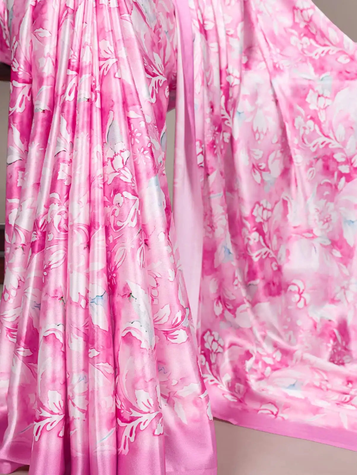 Pink Floral Printed Satin Silk Saree