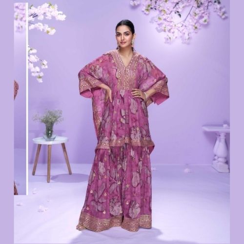 Designer Pink Georgette Kaftan Suit with Embroidery & Gharara