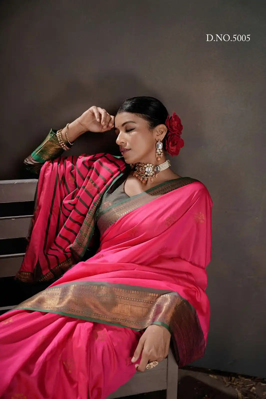 Pink & Green Soft Banarasi Silk Saree with Chit Pallu