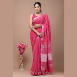 Elegant Pink Pure Linen Handloom Saree with Silver Zari Work