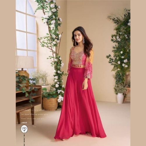 Pink Designer Indo Western Dress with Palazzo & Embroidered Blouse