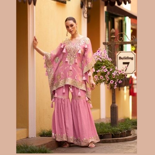 Designer Pink Kaftan Dress with Gharara & Handcrafted Gota Patti