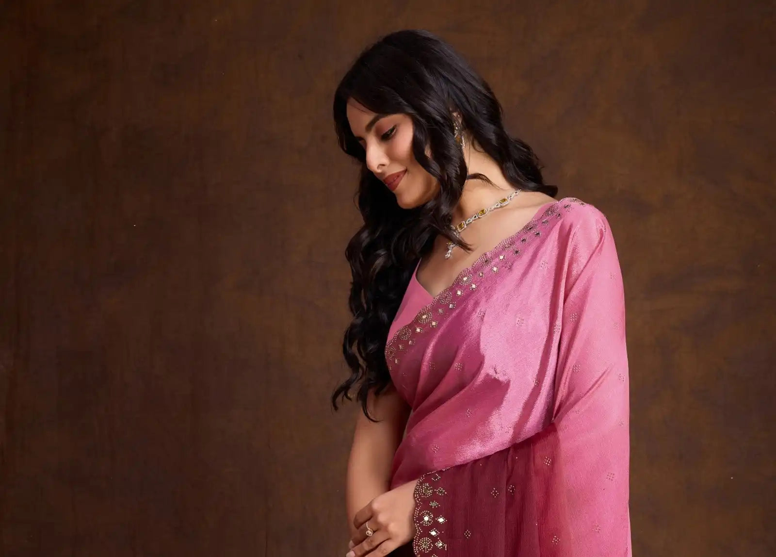 Pink & Maroon Double Shaded Chinon Silk Party Wear Saree