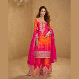 Designer Pink & Orange Party Wear Chinon Silk Palazzo Suit